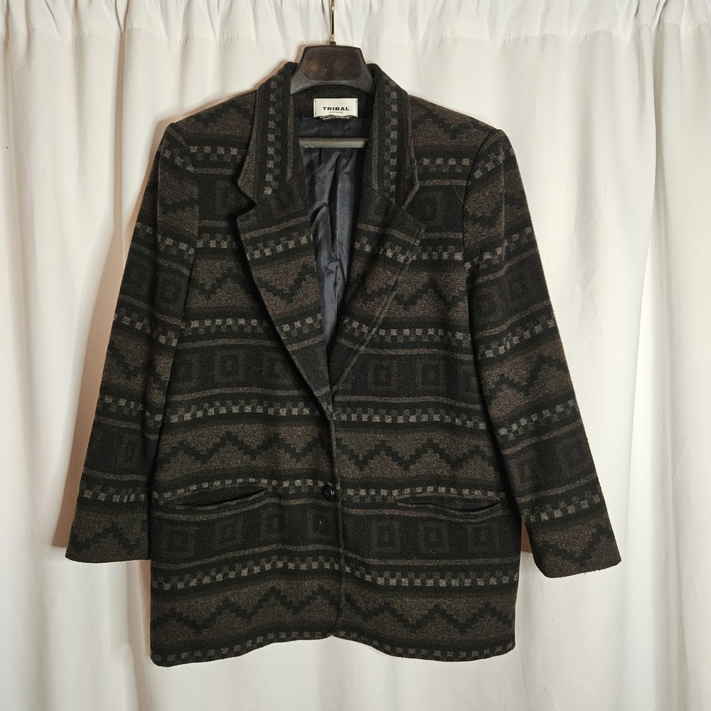 Vintage TRIBAL Women's Wool Blend 90s Y2K‎ Western Aztec Blazer Jacket Size 12